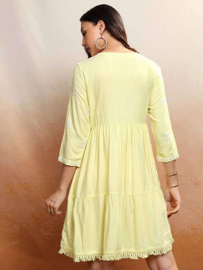 Vishudh Women Yellow Embroidered A-Line Dress - Yellow - Image 3