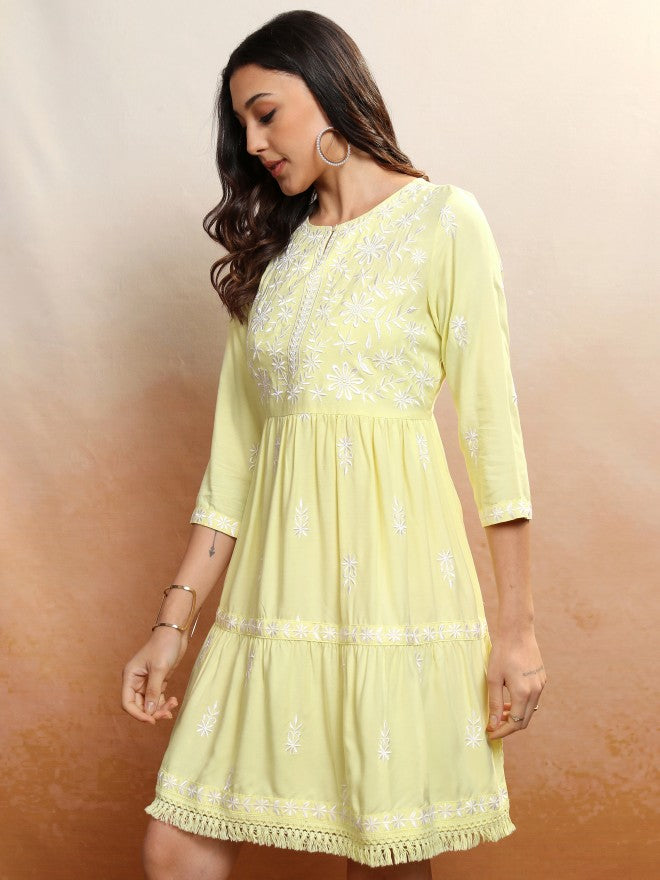 Vishudh Women Yellow Embroidered A-Line Dress - Yellow - Image 4
