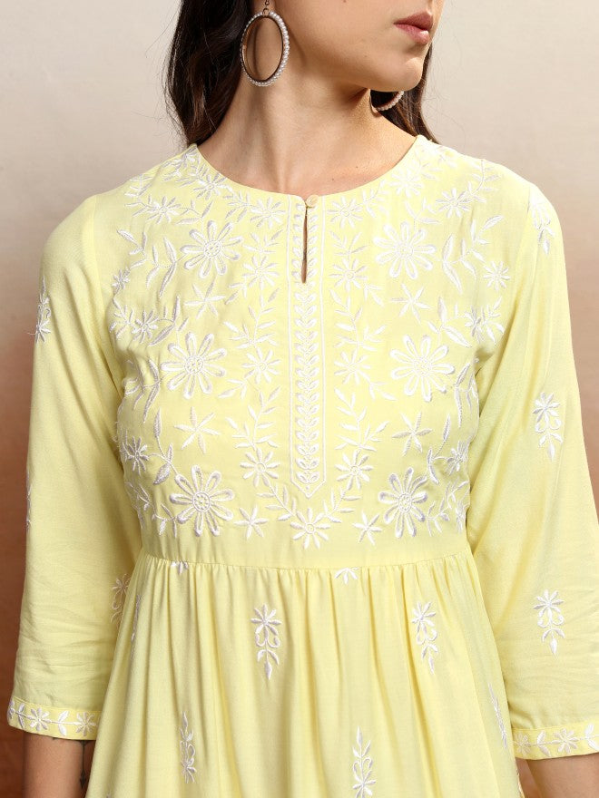 Vishudh Women Yellow Embroidered A-Line Dress - Yellow - Image 5