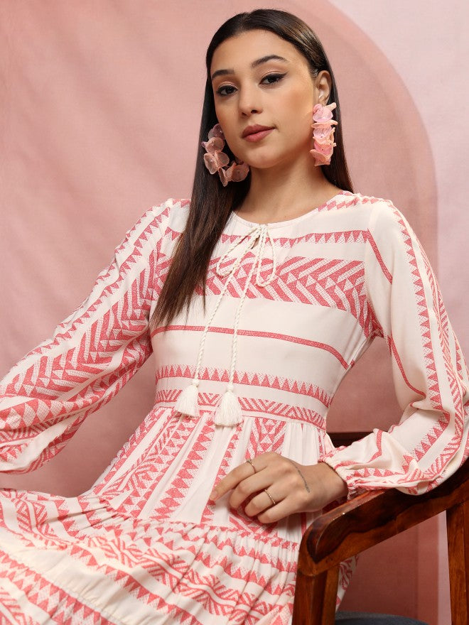 Vishudh Women White Printed A-Line Dress - White - Image 1