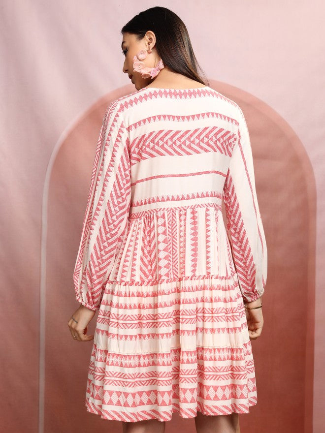 Vishudh Women White Printed A-Line Dress - White - Image 3