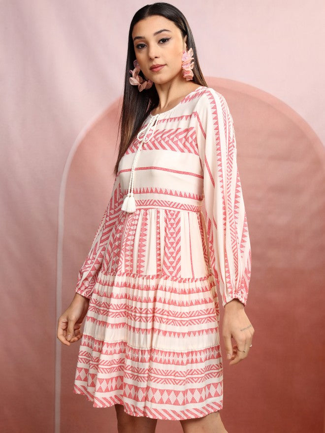 Vishudh Women White Printed A-Line Dress - White - Image 4