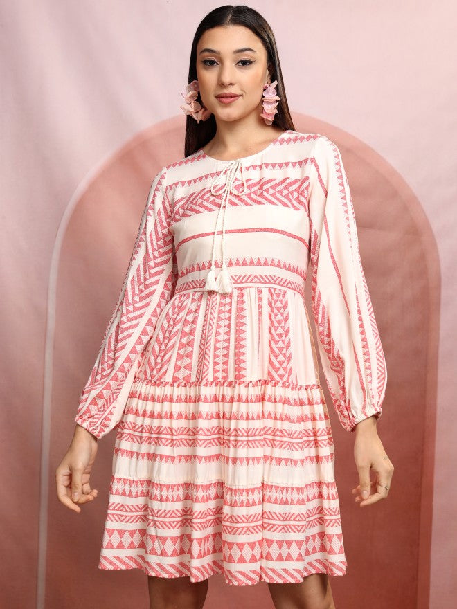 Vishudh Women White Printed A-Line Dress - White - Image 7