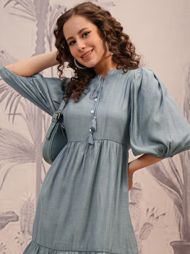 Vishudh Women Blue Solid Fit And Flare Dress - Blue - Image 1