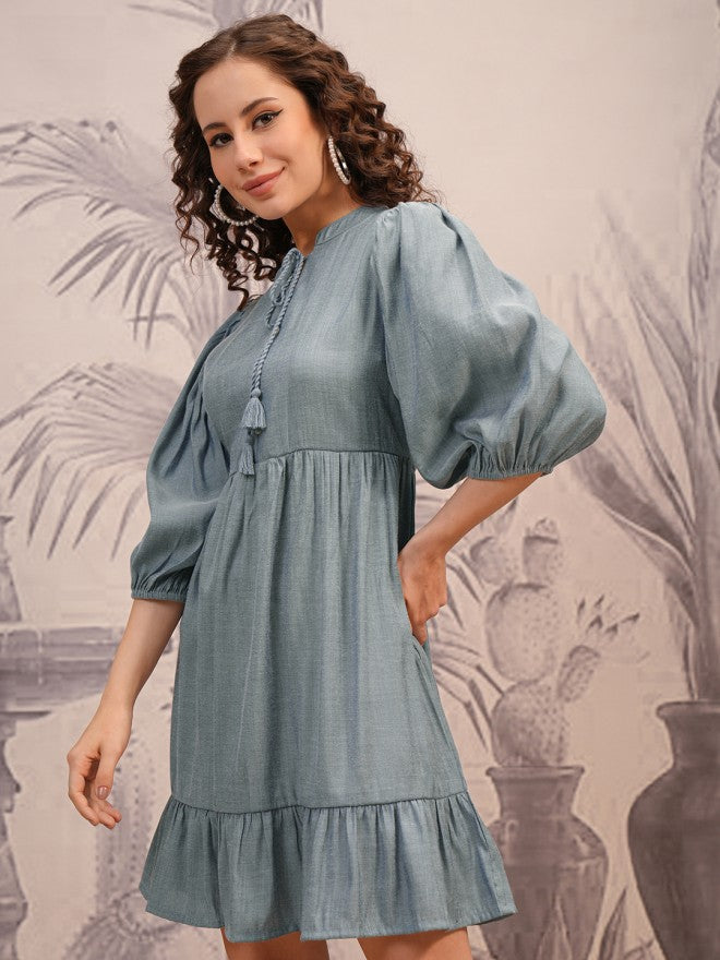 Vishudh Women Blue Solid Fit And Flare Dress - Blue - Image 4