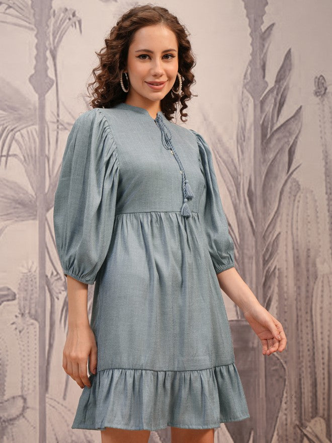 Vishudh Women Blue Solid Fit And Flare Dress - Blue - Image 6