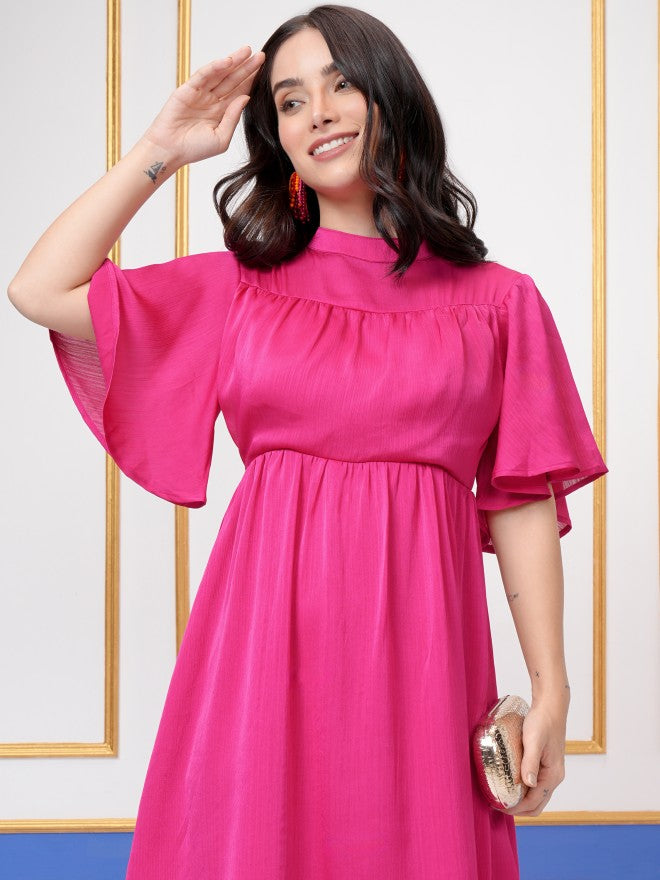 Vishudh Women Magenta Solid Fit And Flare Dress - Magenta - Image 1