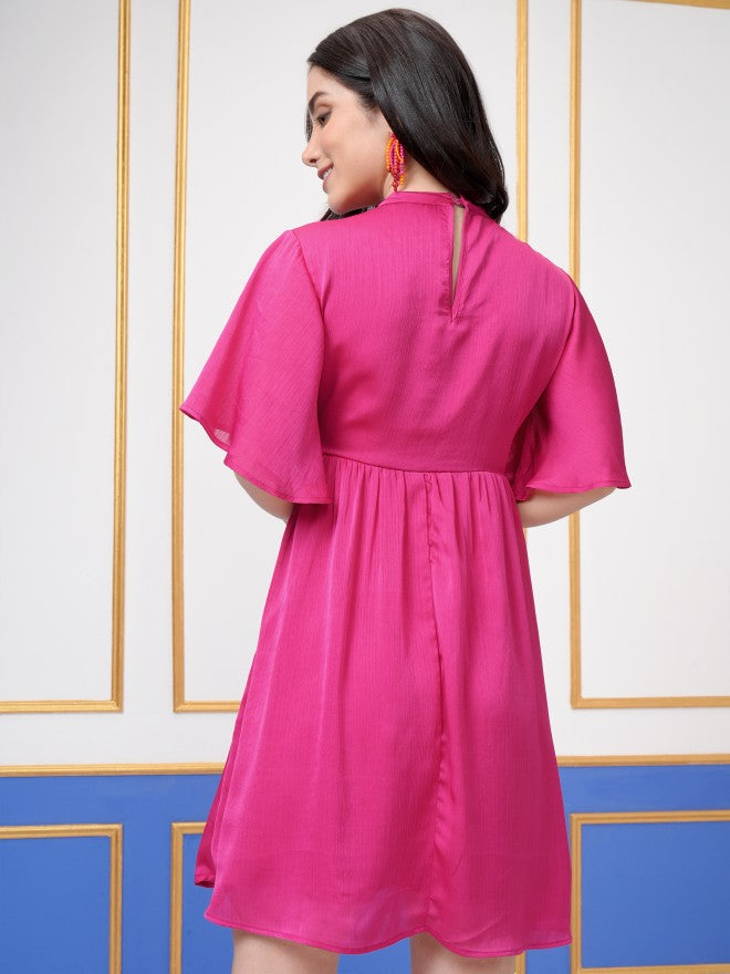 Vishudh Women Magenta Solid Fit And Flare Dress - Magenta - Image 3
