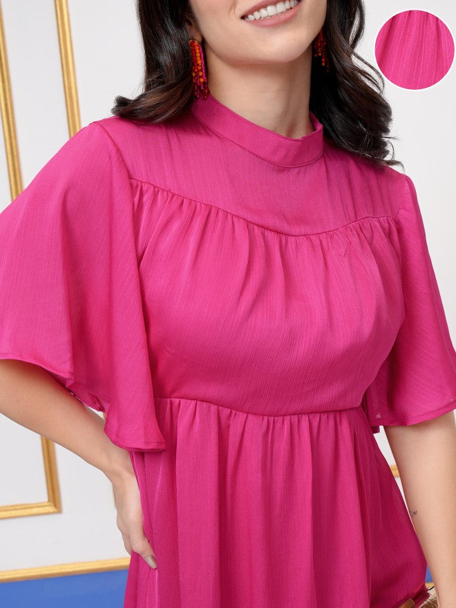 Vishudh Women Magenta Solid Fit And Flare Dress - Magenta - Image 5