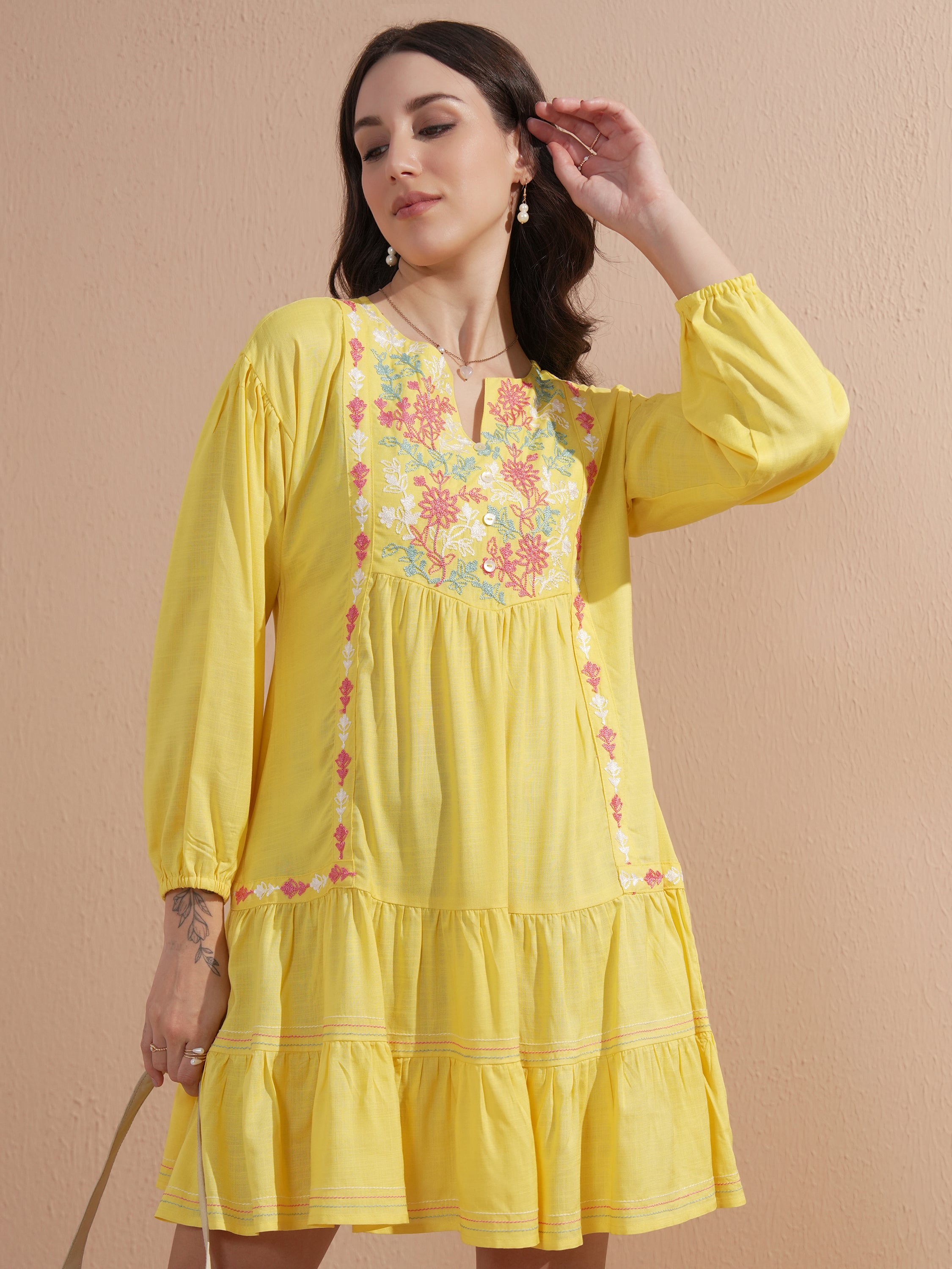 Vishudh Women Yellow Embroidered Drop-Waist Dress - Yellow - Image 1