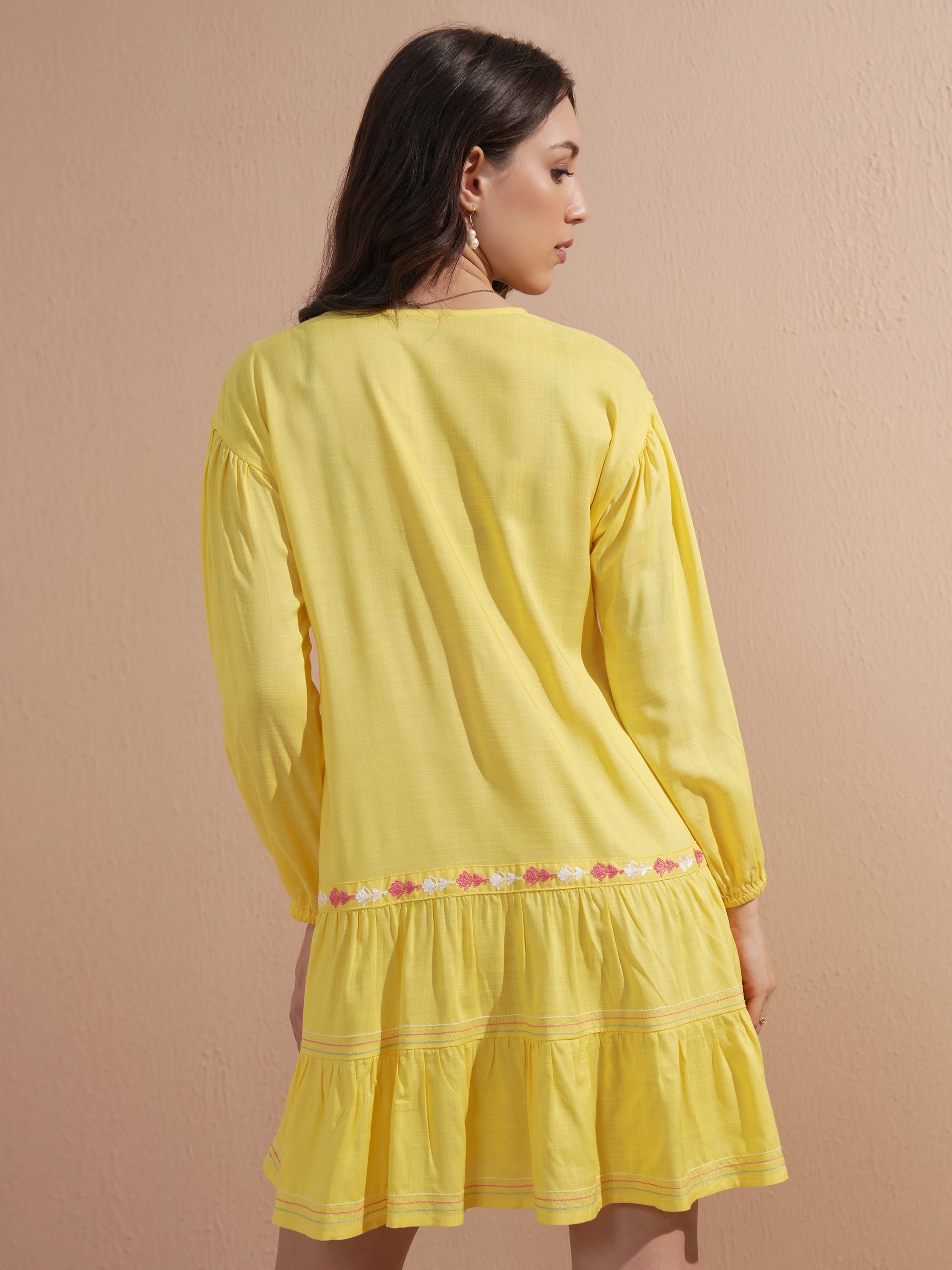 Vishudh Women Yellow Embroidered Drop-Waist Dress - Yellow - Image 3