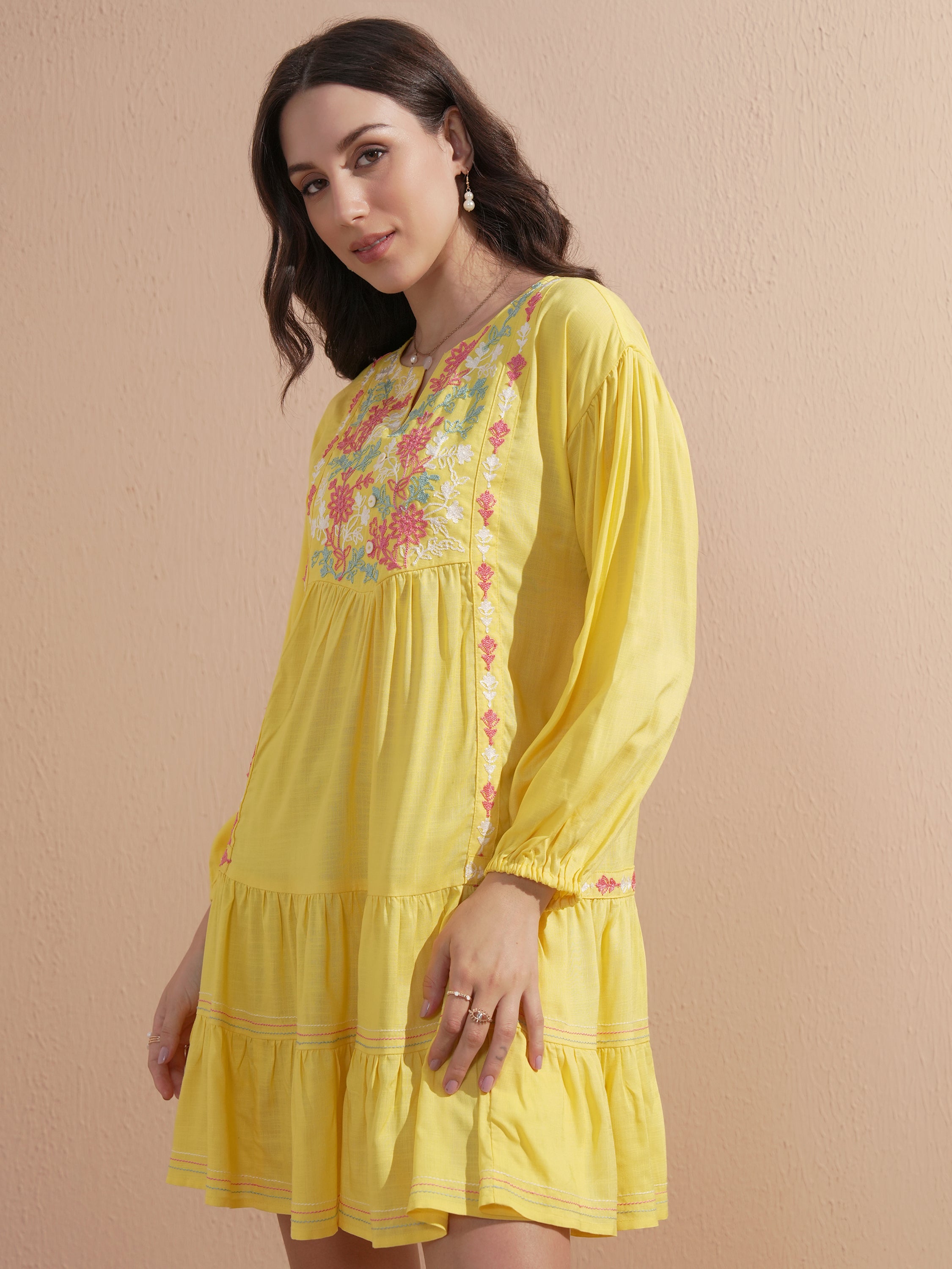 Vishudh Women Yellow Embroidered Drop-Waist Dress - Yellow - Image 4