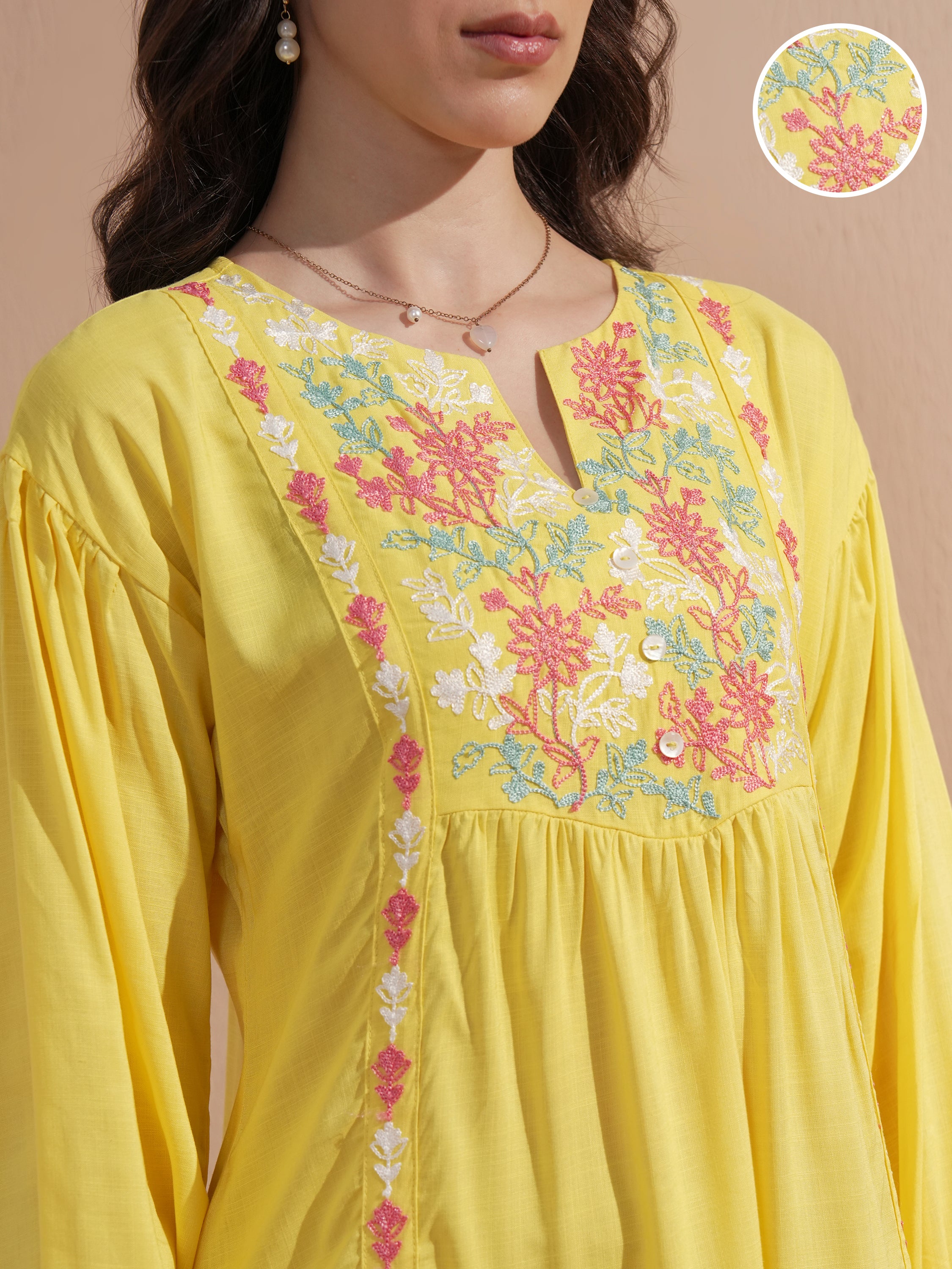 Vishudh Women Yellow Embroidered Drop-Waist Dress - Yellow - Image 5