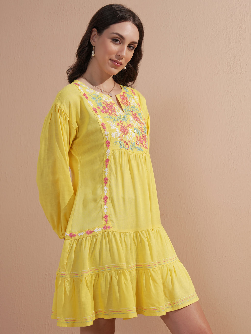Vishudh Women Yellow Embroidered Drop-Waist Dress - Yellow - Image 6
