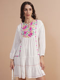 Vishudh Women White Embroidered Drop-Waist Dress - White - Image 1