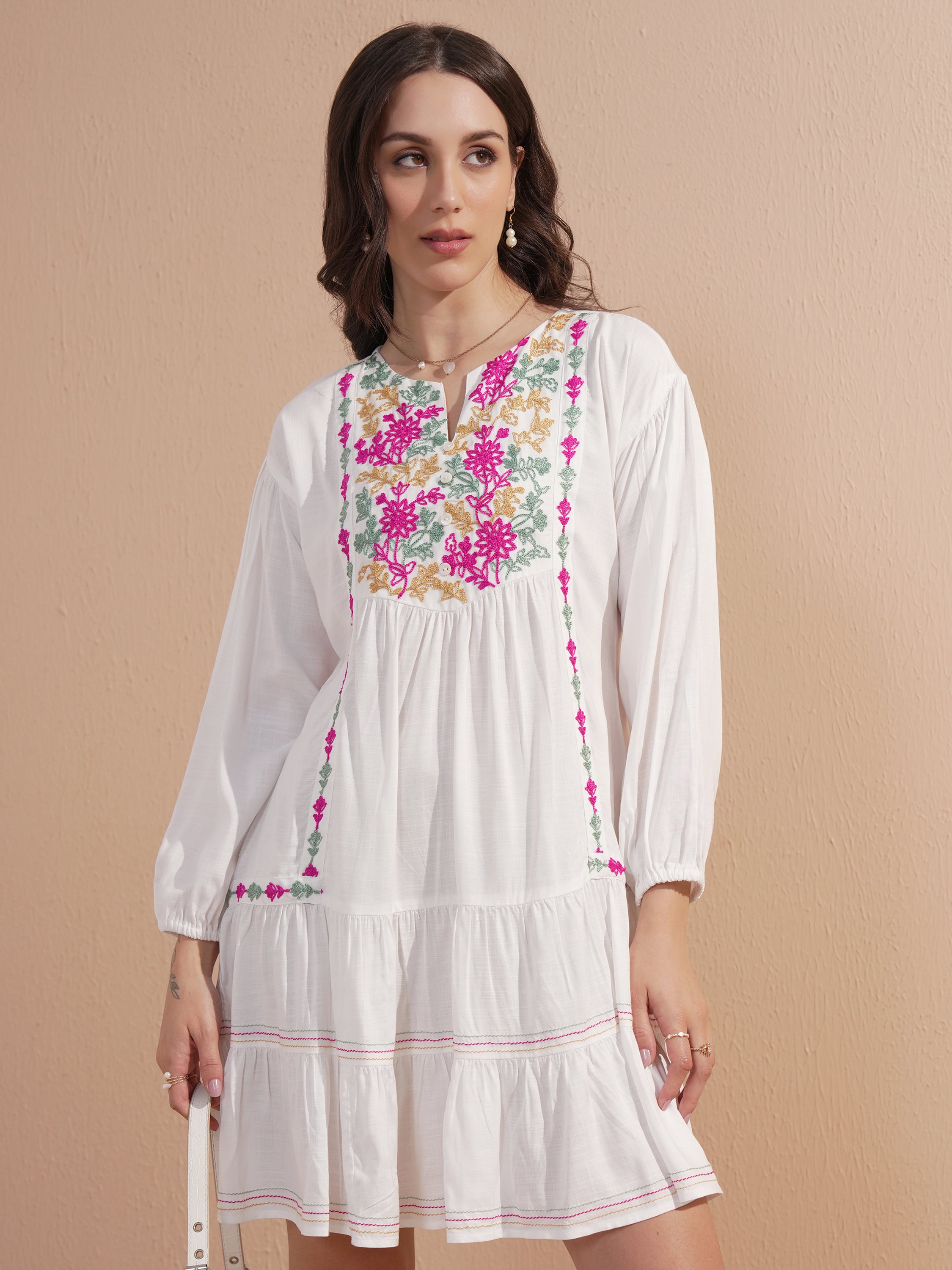 Vishudh Women White Embroidered Drop-Waist Dress - White - Image 1