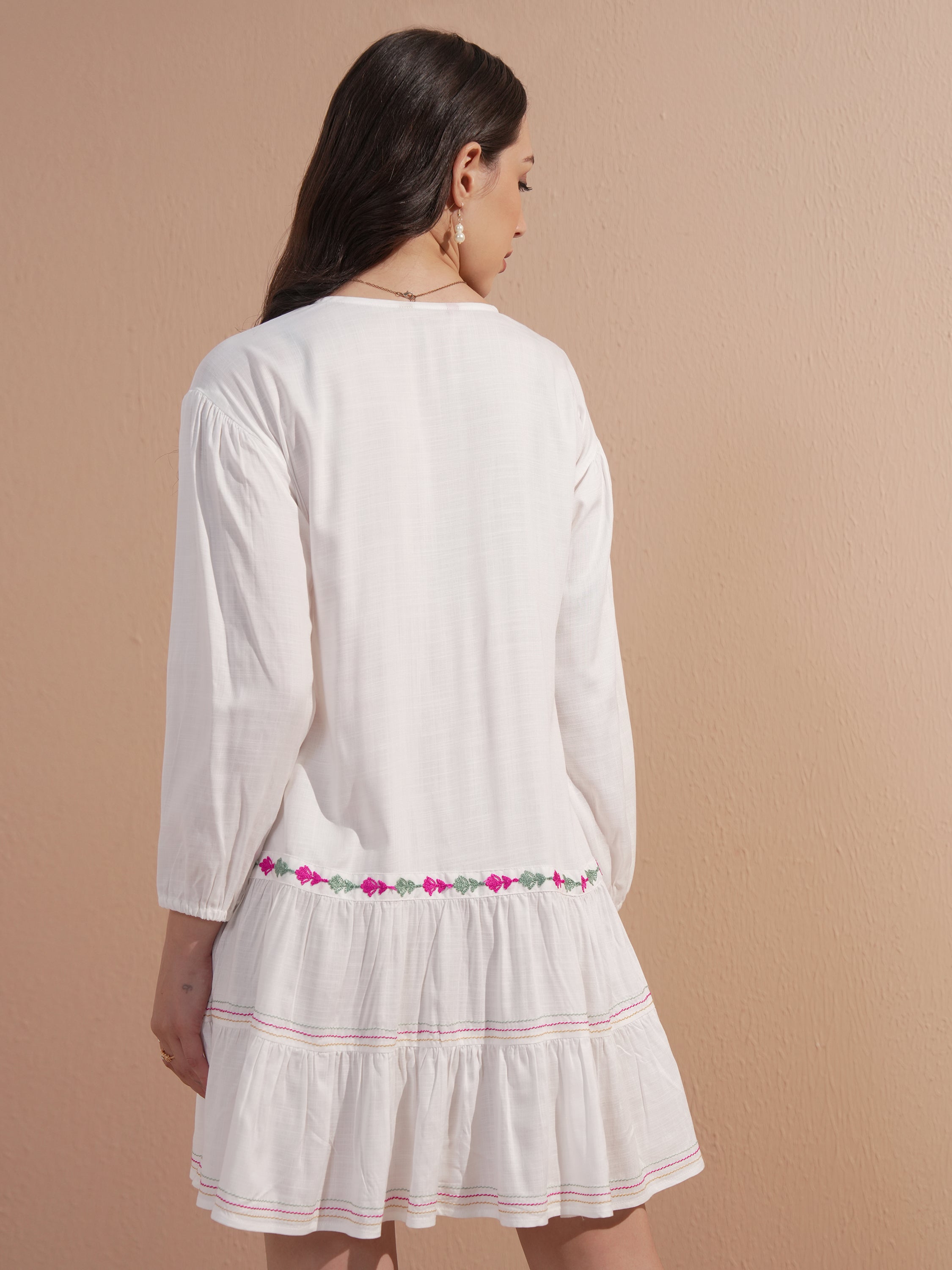 Vishudh Women White Embroidered Drop-Waist Dress - White - Image 3