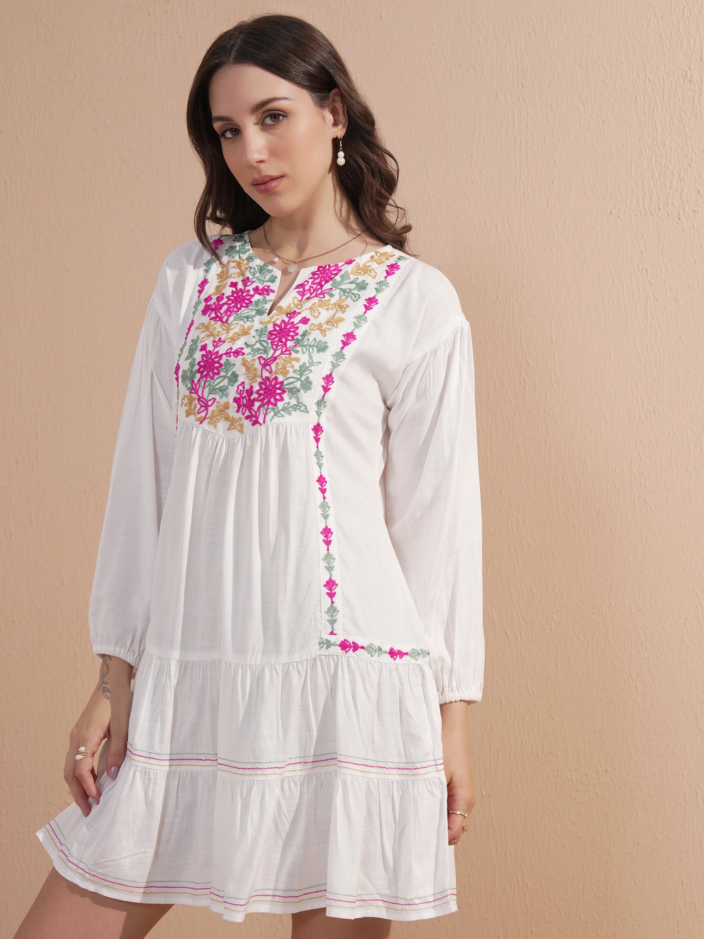 Vishudh Women White Embroidered Drop-Waist Dress - White - Image 4