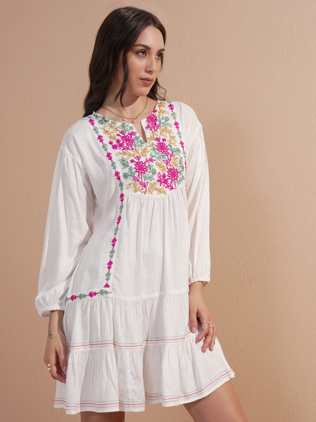 Vishudh Women White Embroidered Drop-Waist Dress - White - Image 6