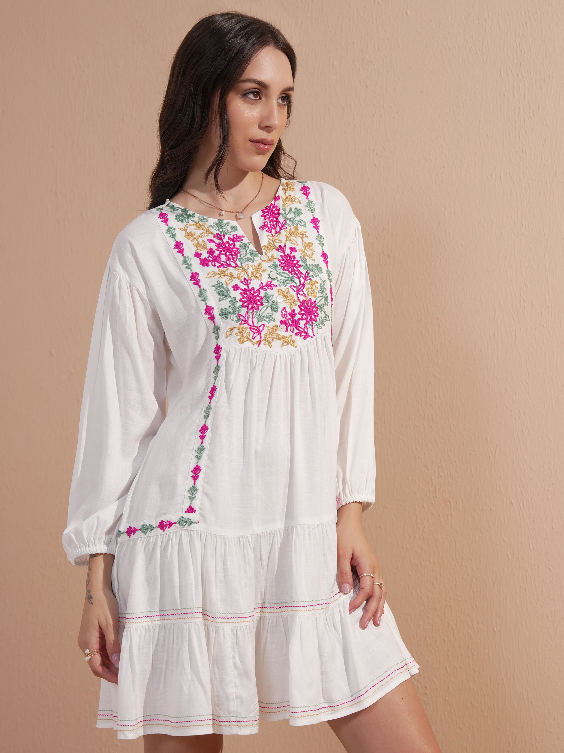 Vishudh Women White Embroidered Drop-Waist Dress - White - Image 6