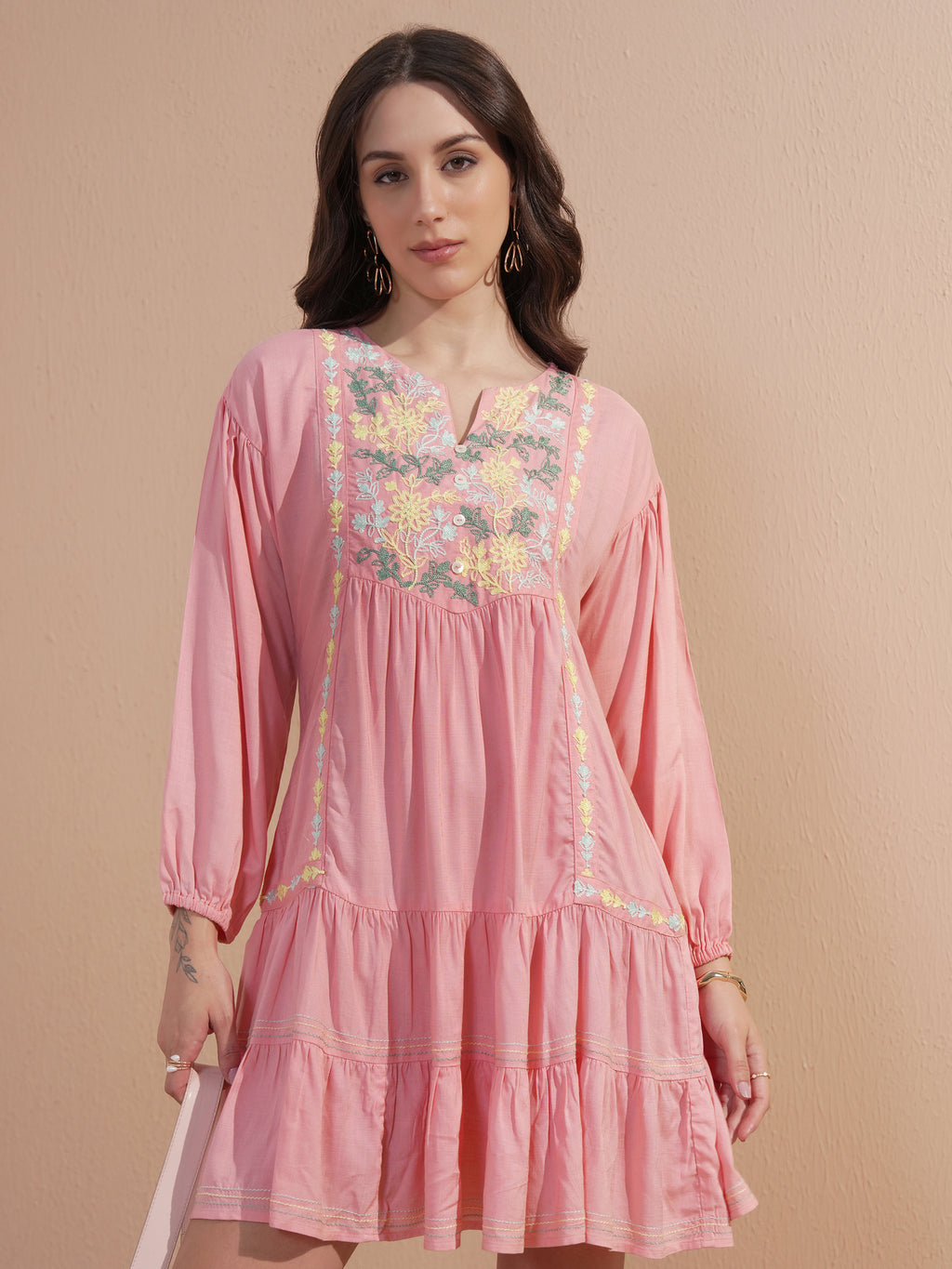 Vishudh Women Pink Embroidered Drop-Waist Dress - Pink - Image 1