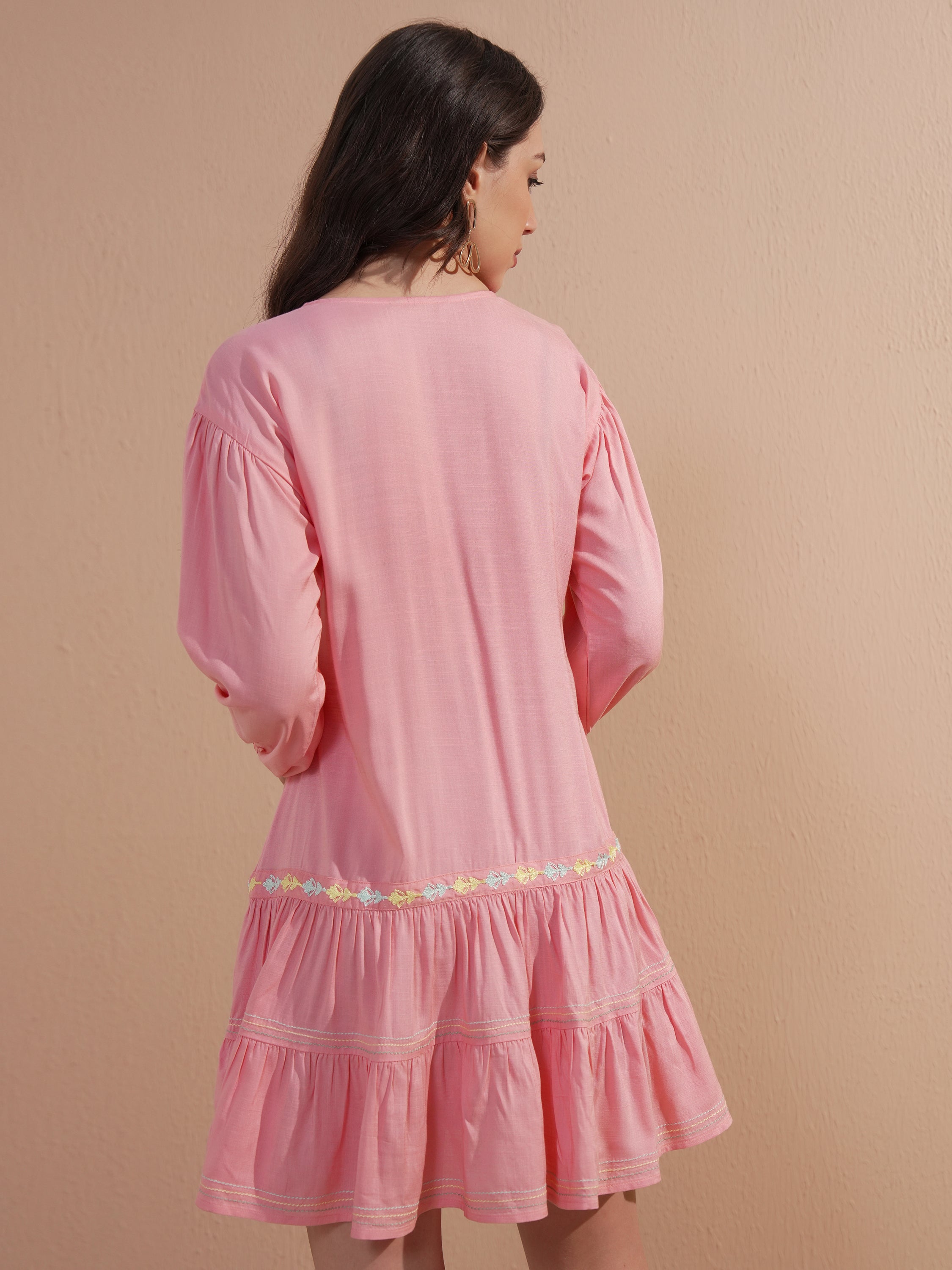Vishudh Women Pink Embroidered Drop-Waist Dress - Pink - Image 3