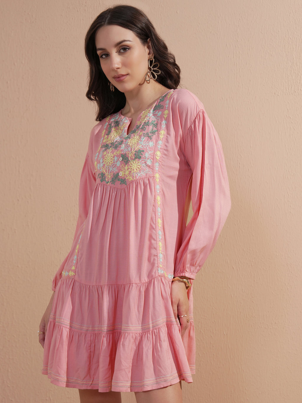 Vishudh Women Pink Embroidered Drop-Waist Dress - Pink - Image 4