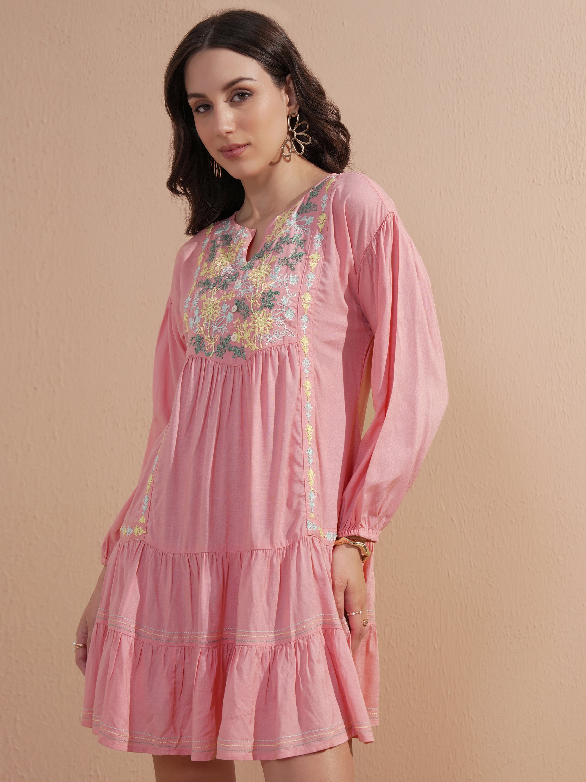 Vishudh Women Pink Embroidered Drop-Waist Dress - Pink - Image 4