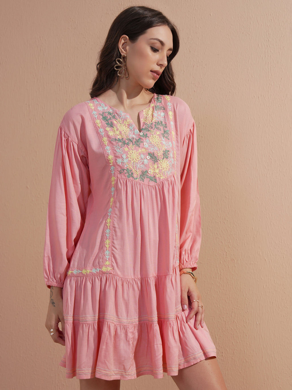 Vishudh Women Pink Embroidered Drop-Waist Dress - Pink - Image 6