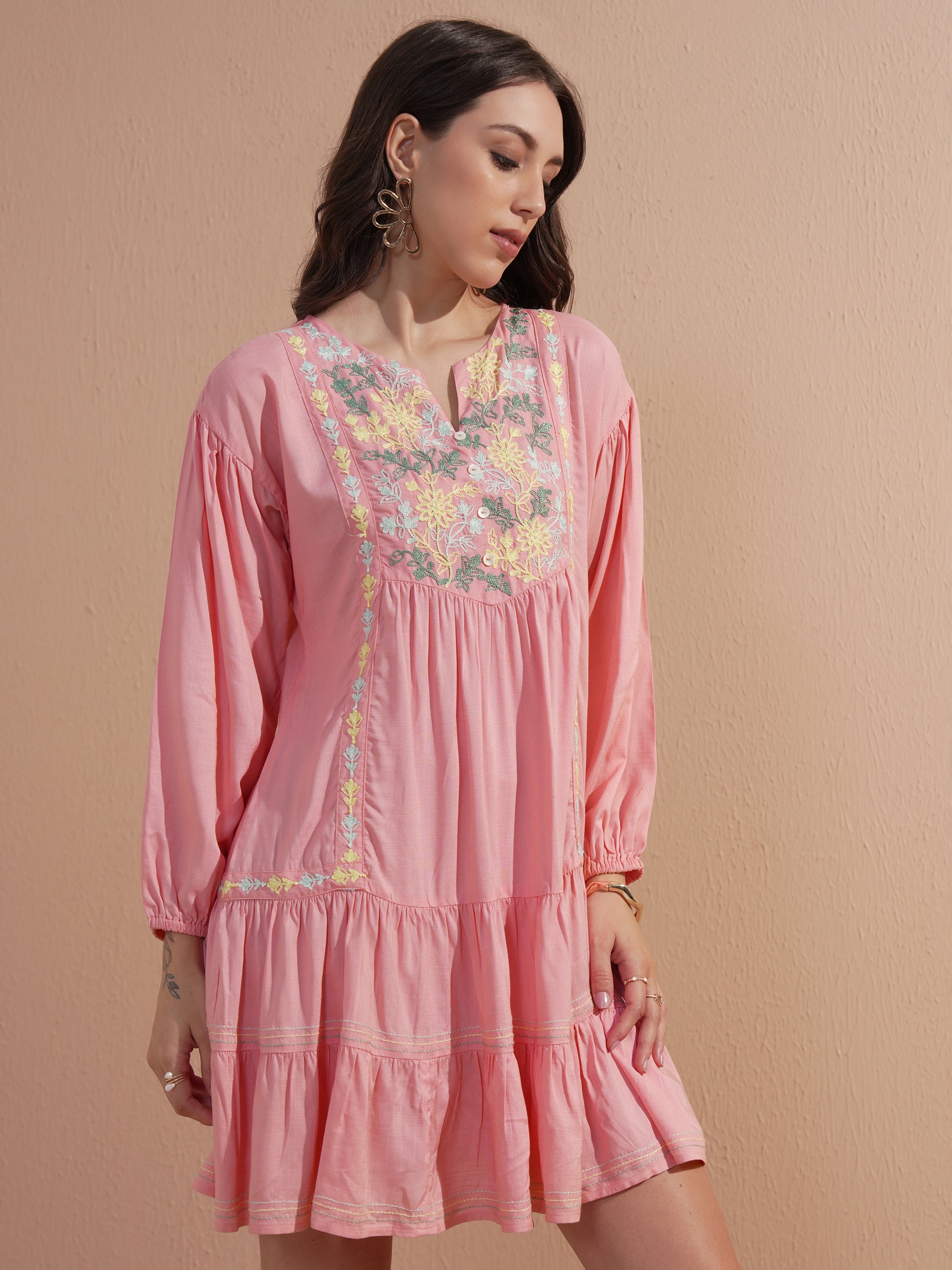 Vishudh Women Pink Embroidered Drop-Waist Dress - Pink - Image 6
