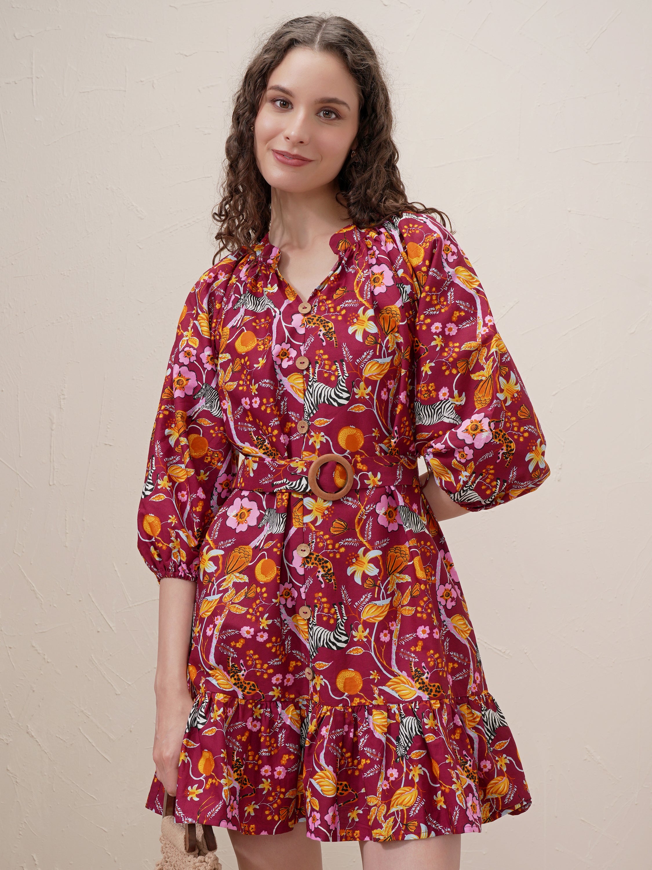 Vishudh Women Maroon Printed Drop-Waist Dress - Maroon - Image 1