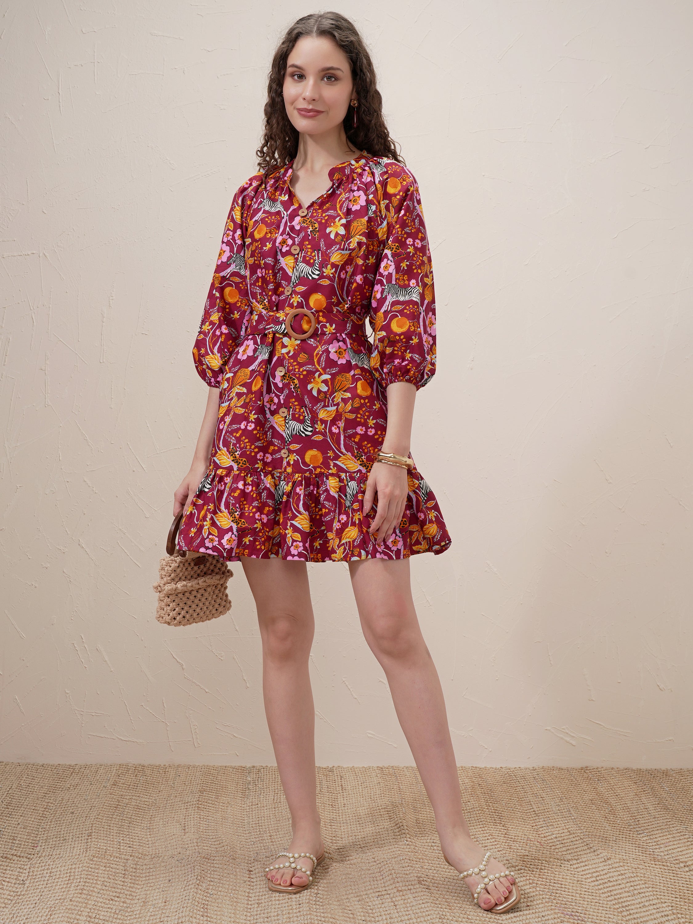 Vishudh Women Maroon Printed Drop-Waist Dress - Maroon - Image 2