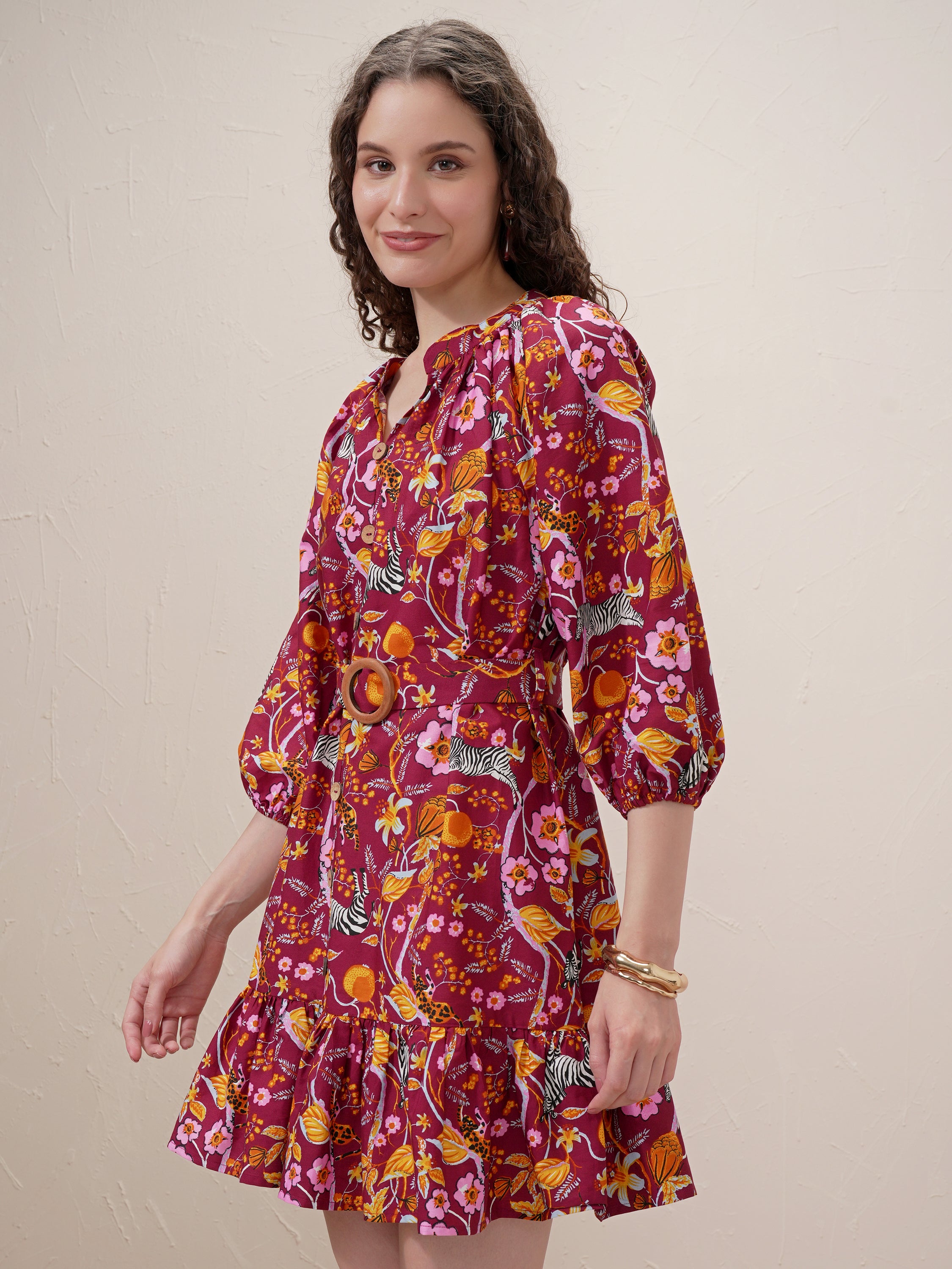 Vishudh Women Maroon Printed Drop-Waist Dress - Maroon - Image 4