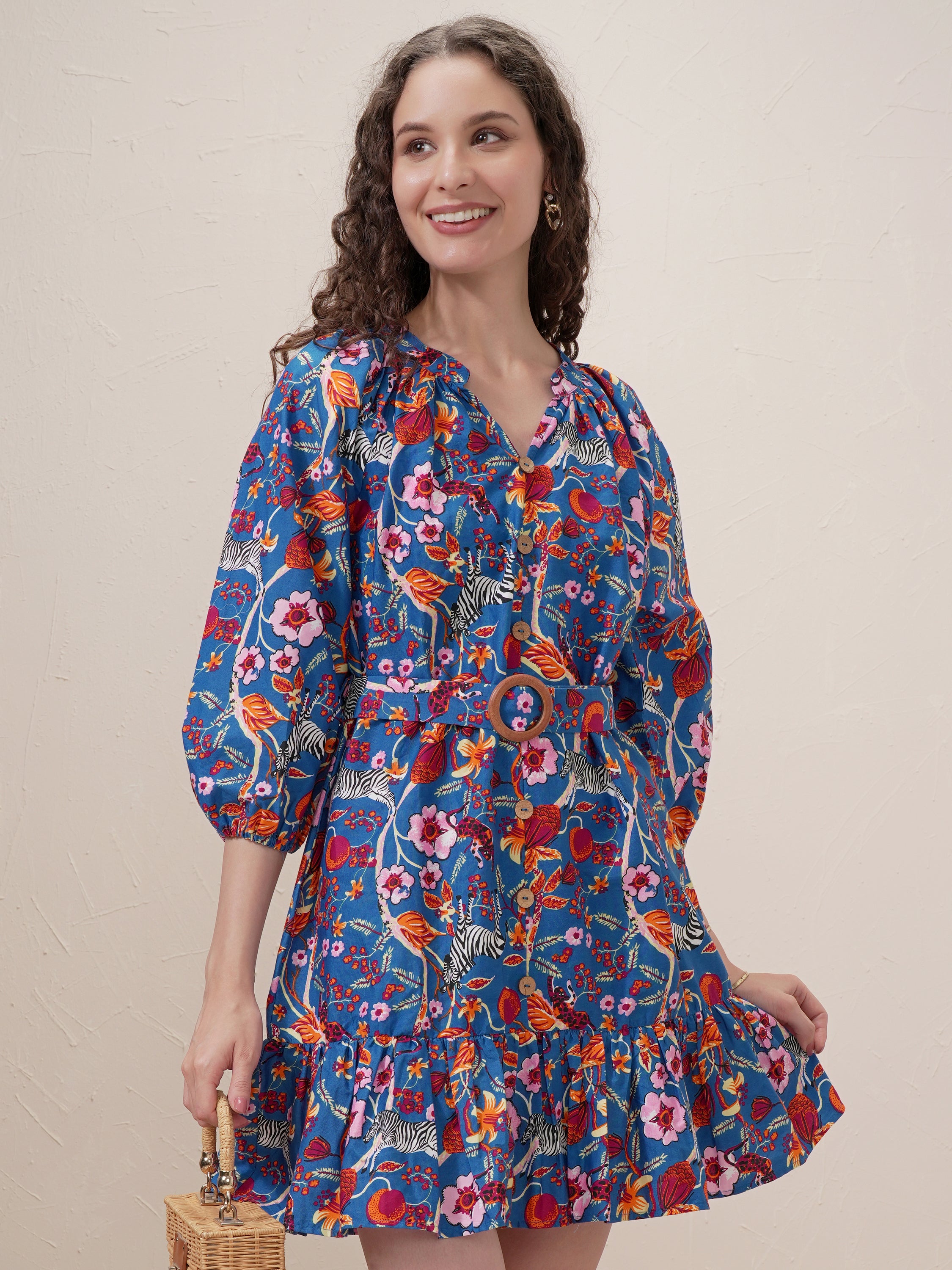 Vishudh Women Blue Printed Drop-Waist Dress - Blue - Image 1