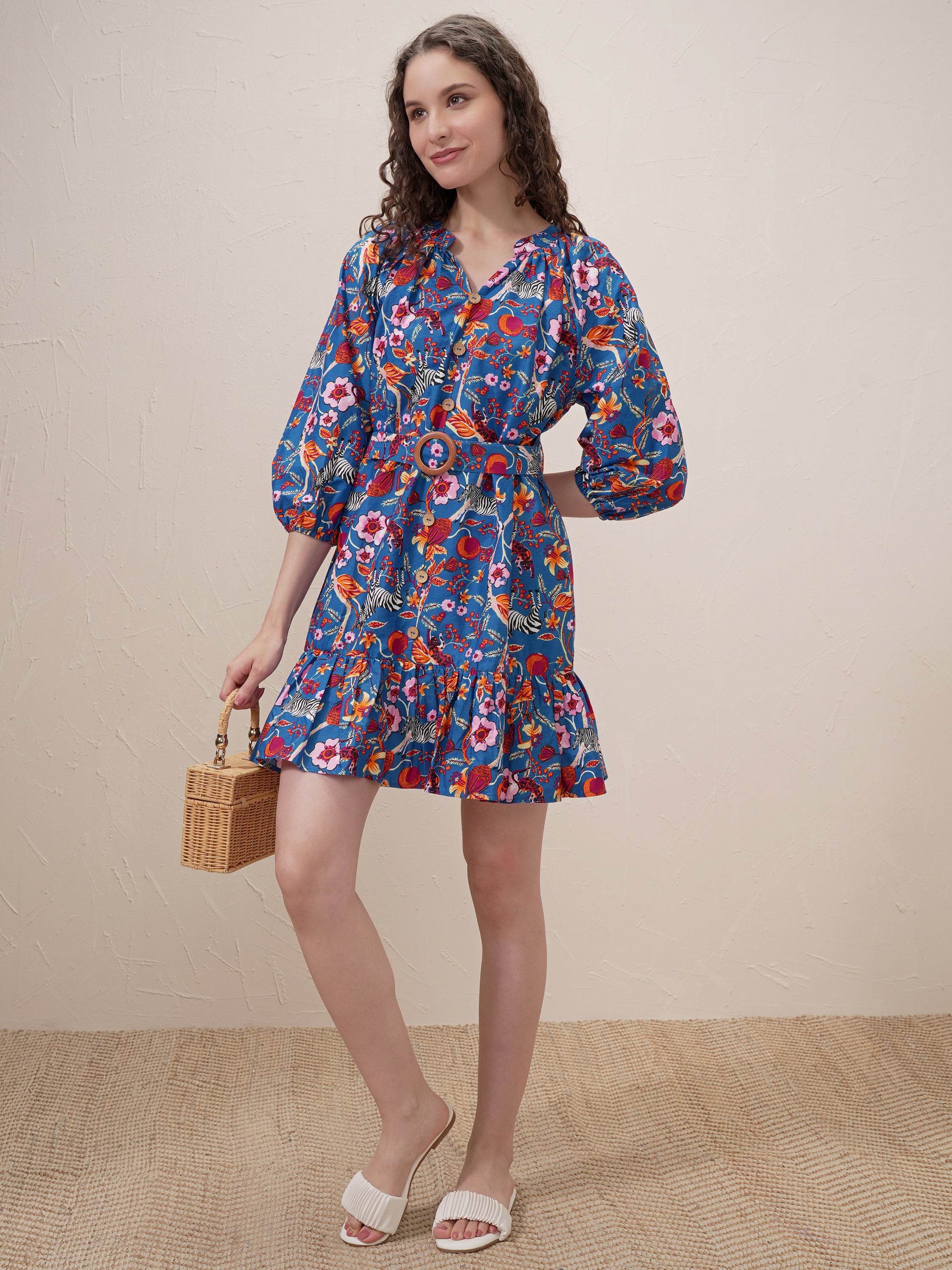 Vishudh Women Blue Printed Drop-Waist Dress - Blue - Image 2