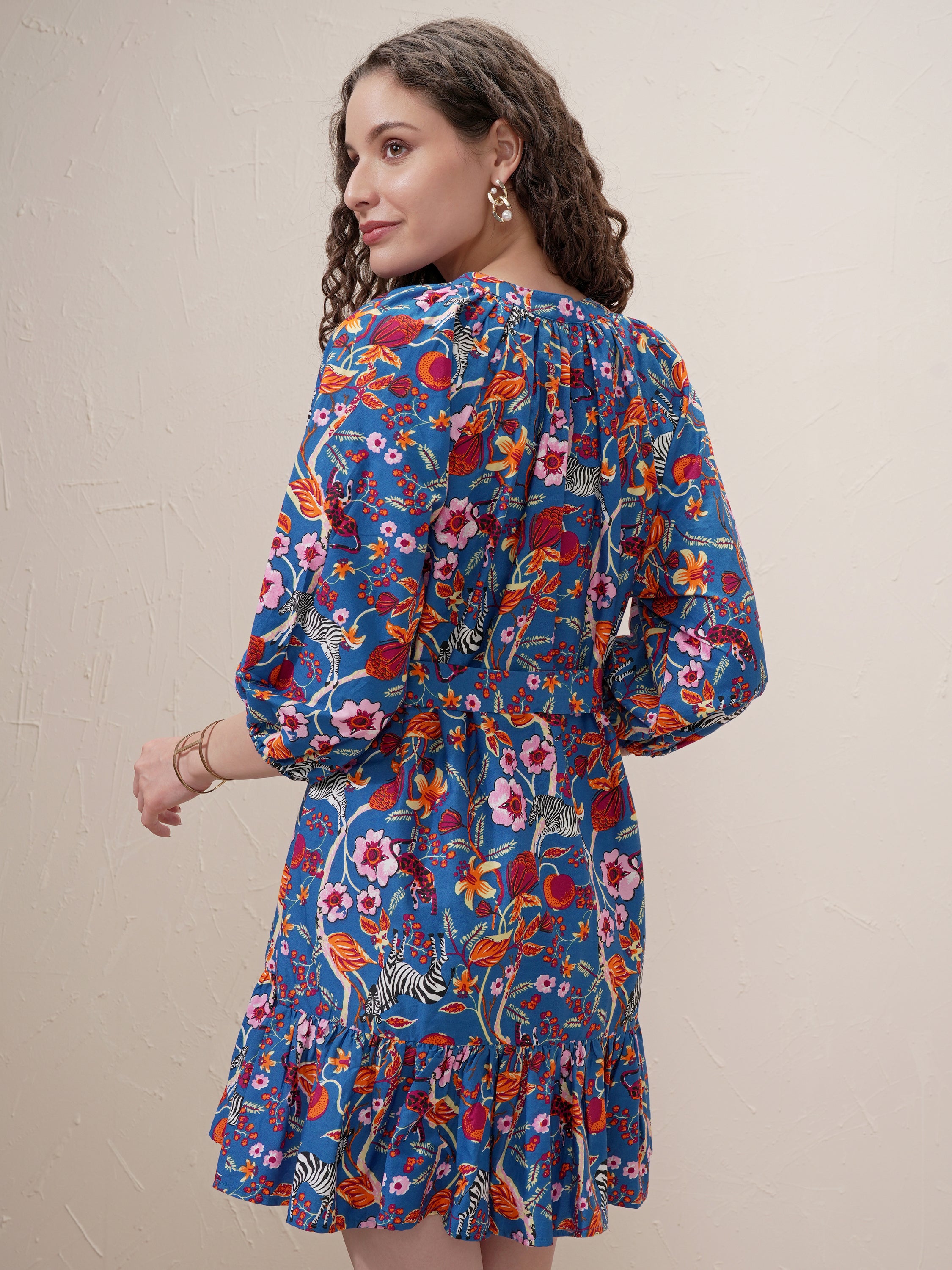 Vishudh Women Blue Printed Drop-Waist Dress - Blue - Image 3