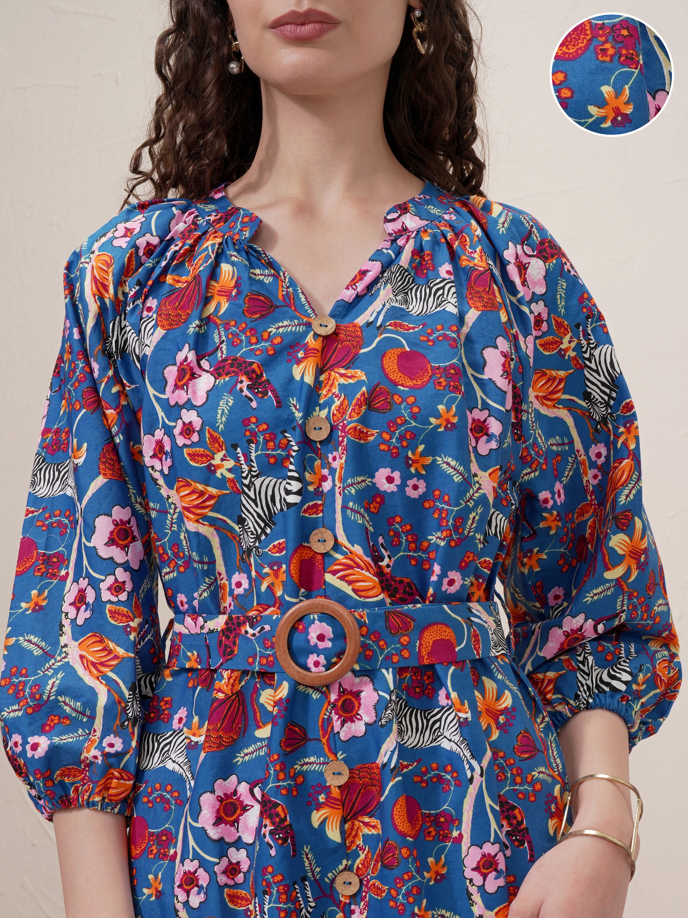 Vishudh Women Blue Printed Drop-Waist Dress - Blue - Image 5