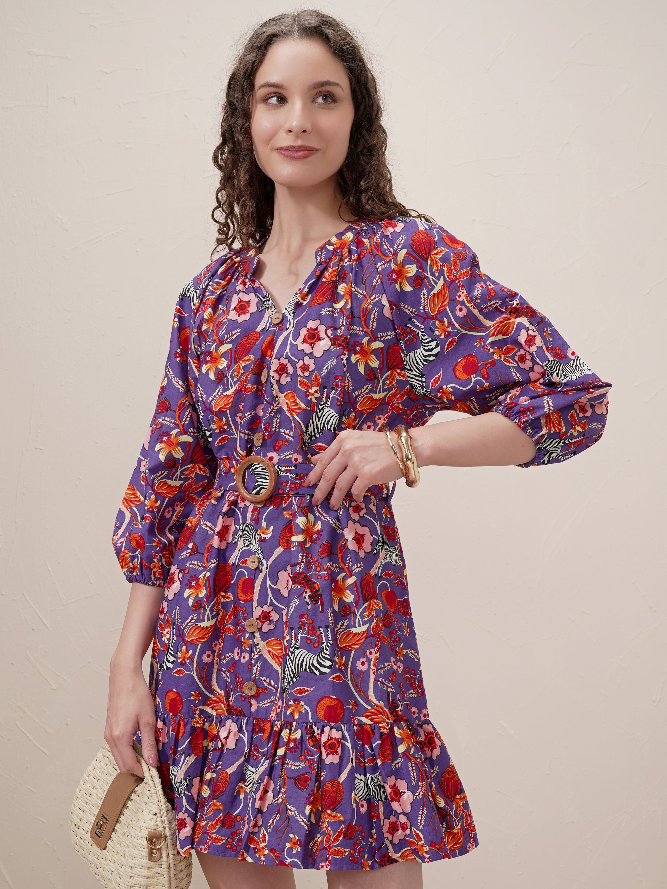 Vishudh Women Purple Printed Drop-Waist Dress - Purple - Image 1
