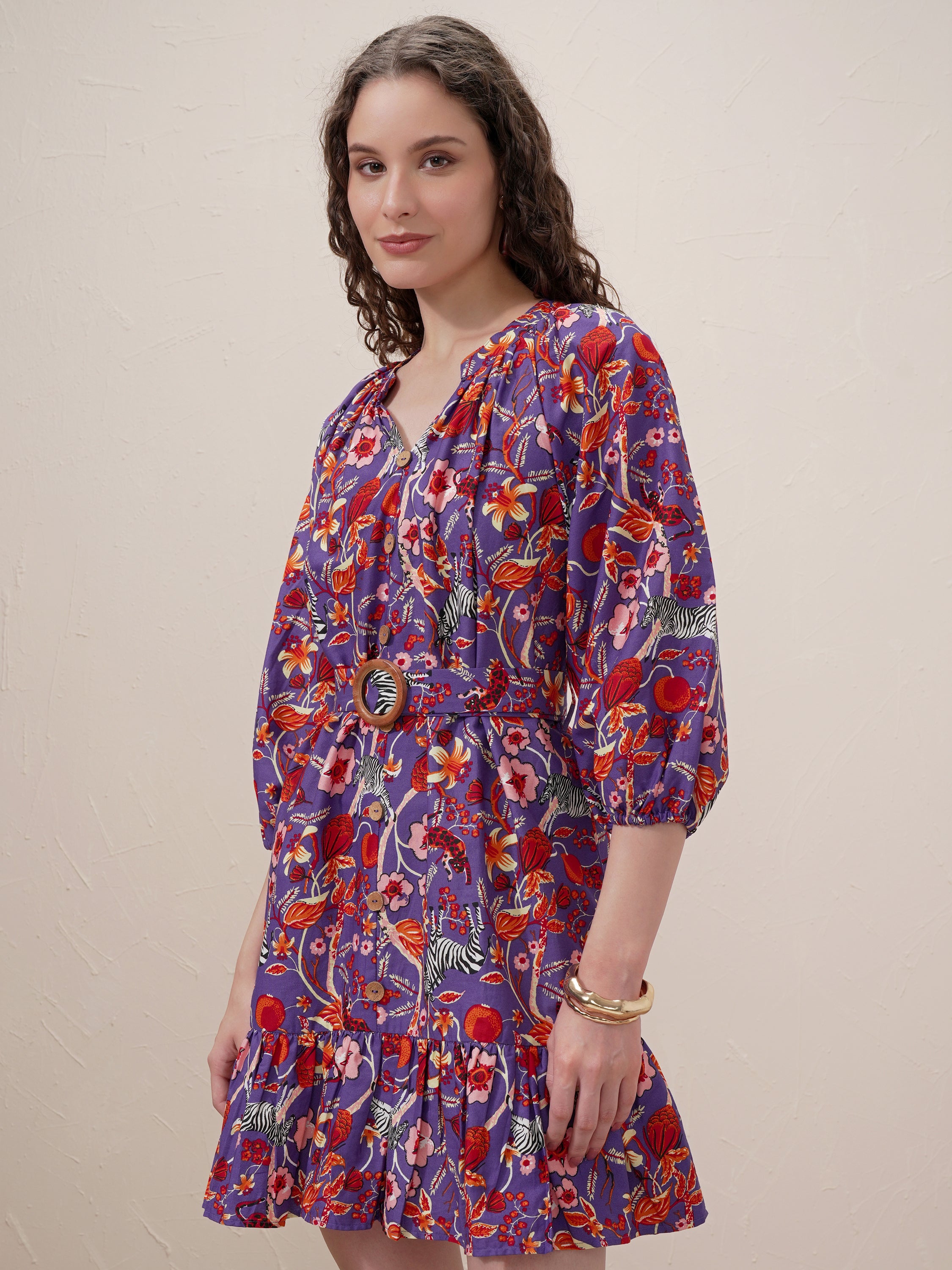 Vishudh Women Purple Printed Drop-Waist Dress - Purple - Image 4