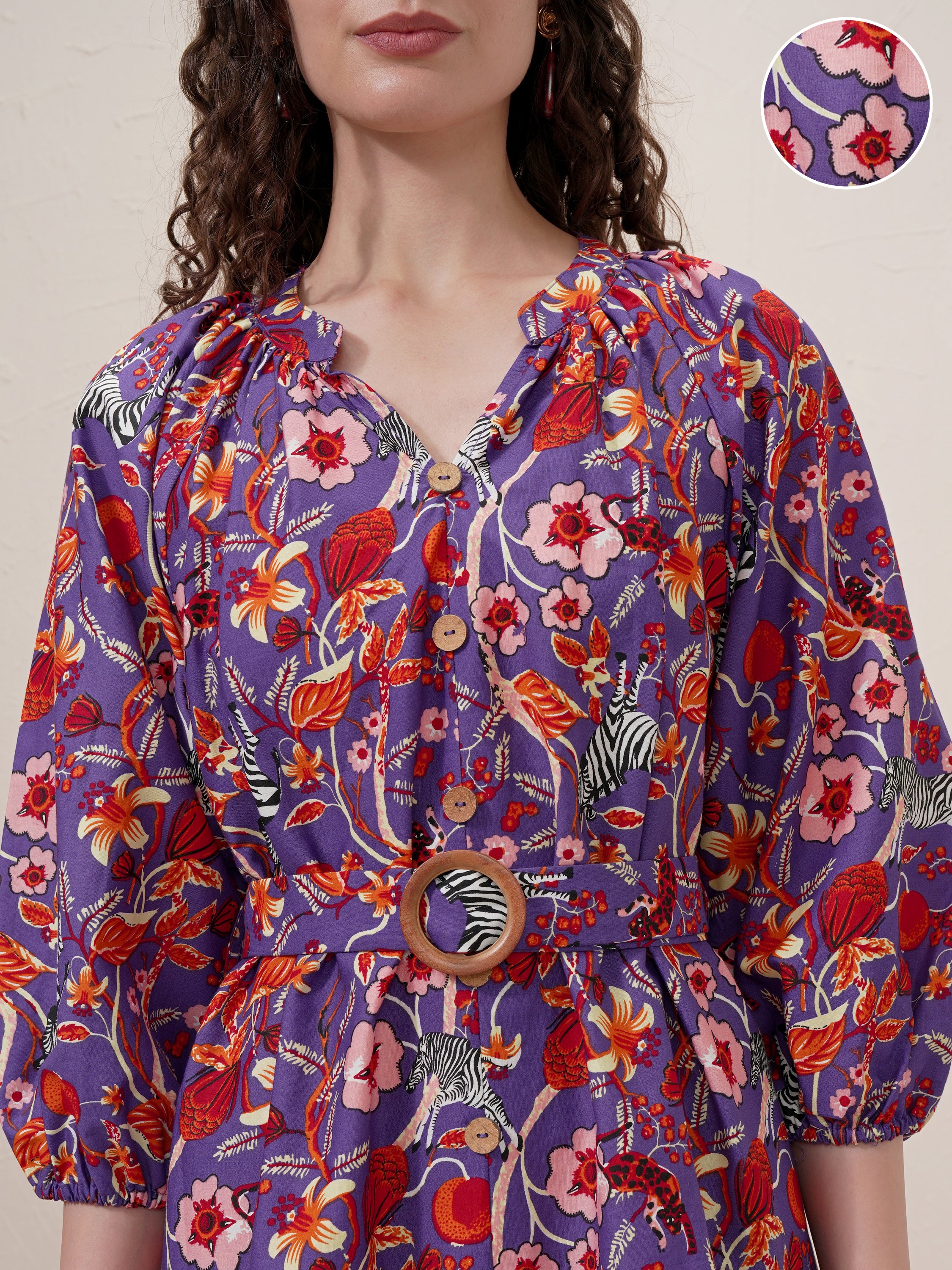 Vishudh Women Purple Printed Drop-Waist Dress - Purple - Image 5