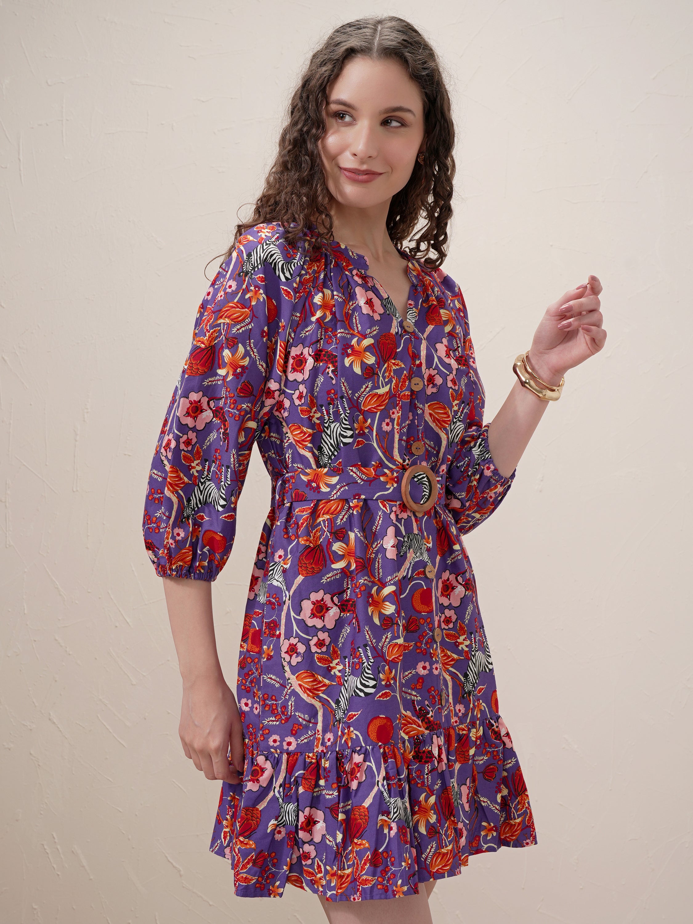 Vishudh Women Purple Printed Drop-Waist Dress - Purple - Image 6
