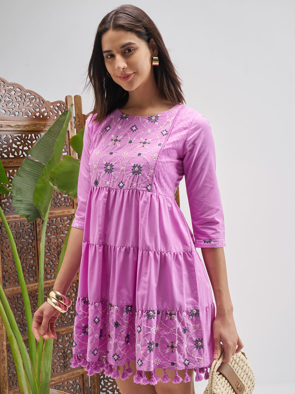 Vishudh Women Lavender Embroidered Fit and Flare Dress - Lavender - Image 4