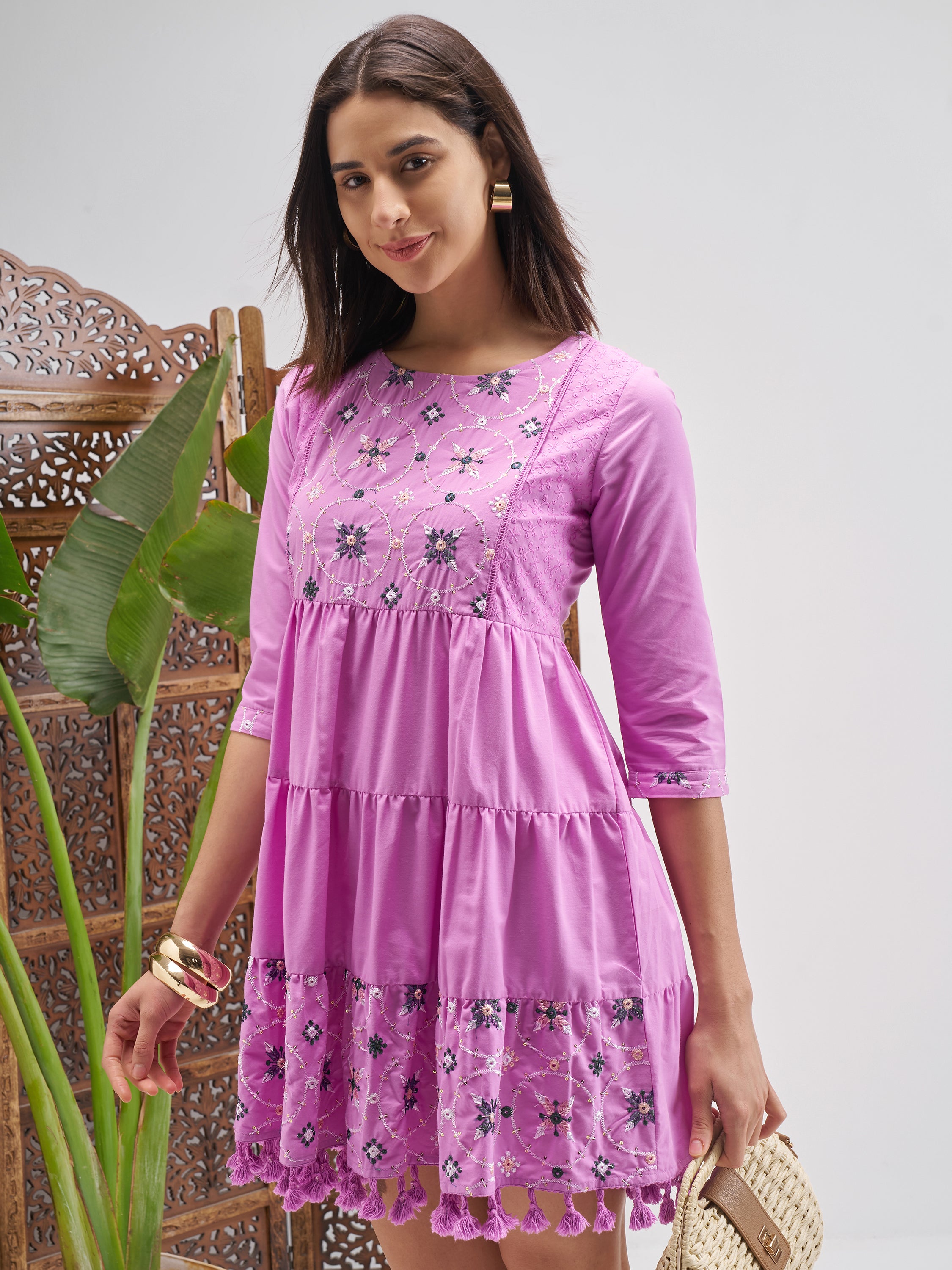 Vishudh Women Lavender Embroidered Fit and Flare Dress - Lavender - Image 4
