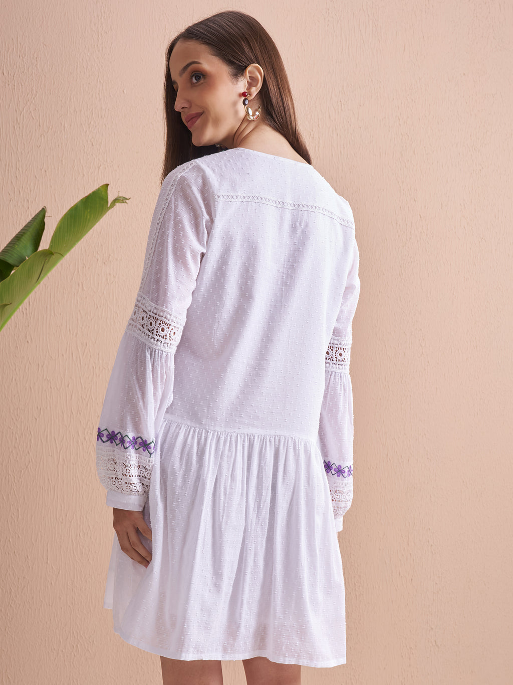 Vishudh Women White Embroidered Fit and Flare Dress - White - Image 3