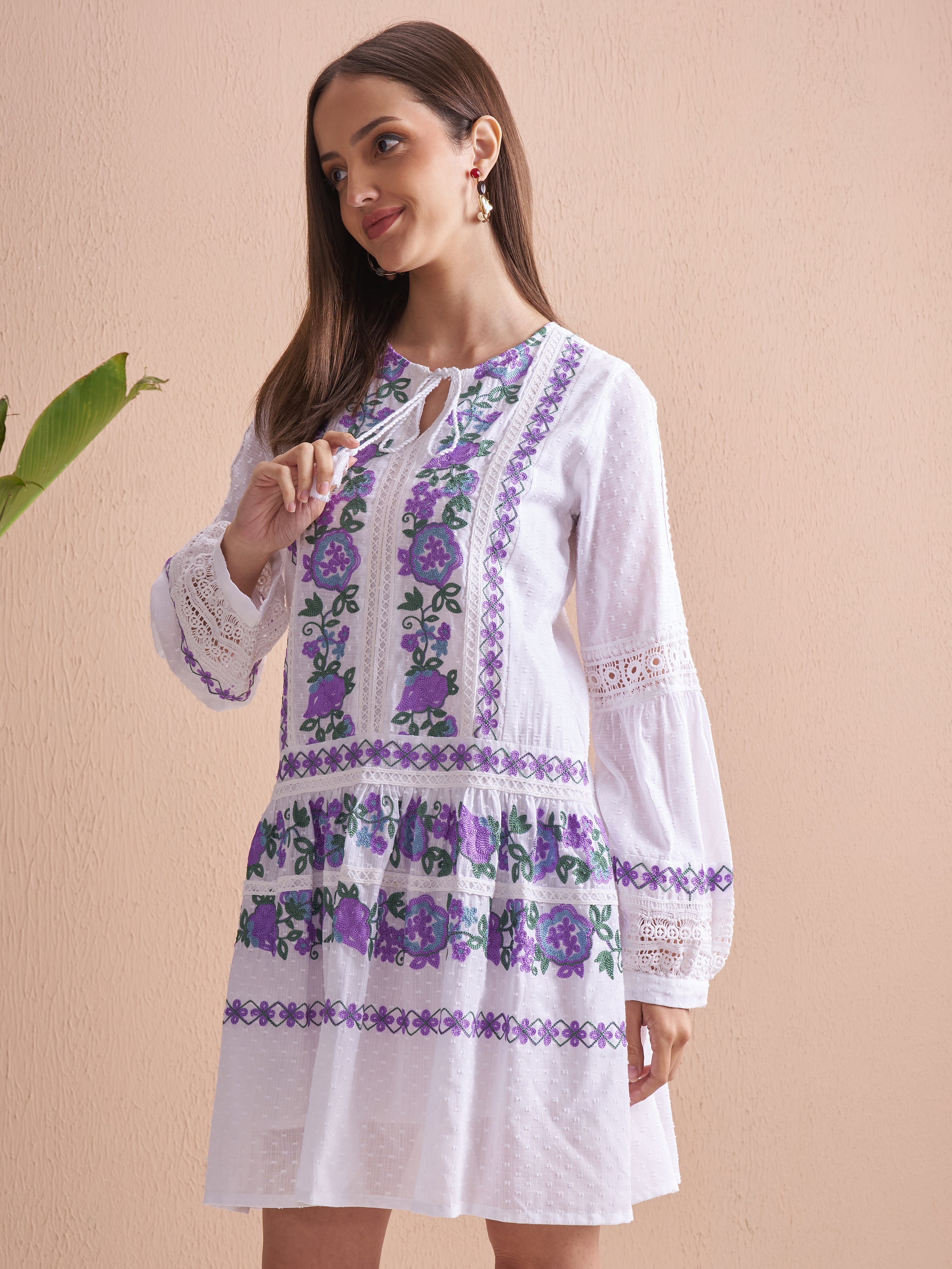 Vishudh Women White Embroidered Fit and Flare Dress - White - Image 4