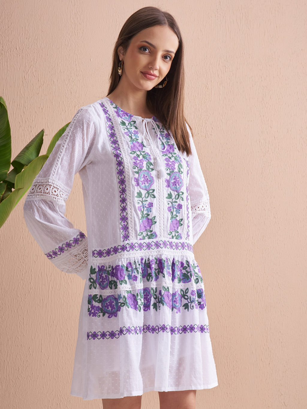 Vishudh Women White Embroidered Fit and Flare Dress - White - Image 6