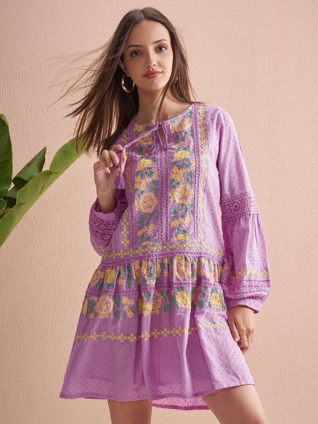Vishudh Women Lavender Embroidered Fit and Flare Dress - Lavender - Image 1
