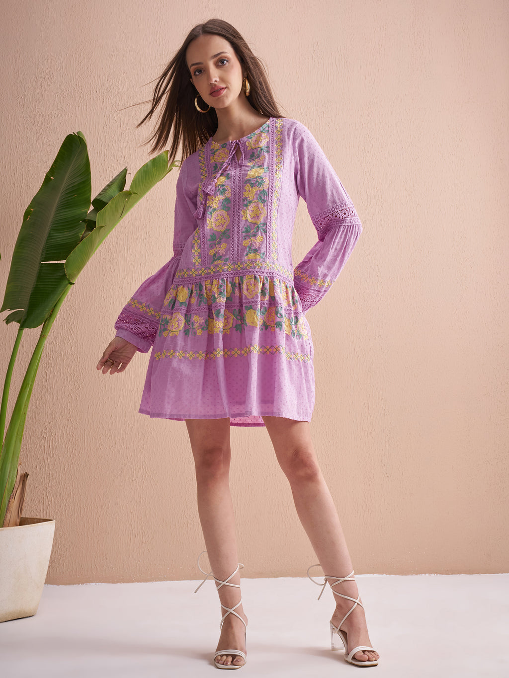 Vishudh Women Lavender Embroidered Fit and Flare Dress - Lavender - Image 2