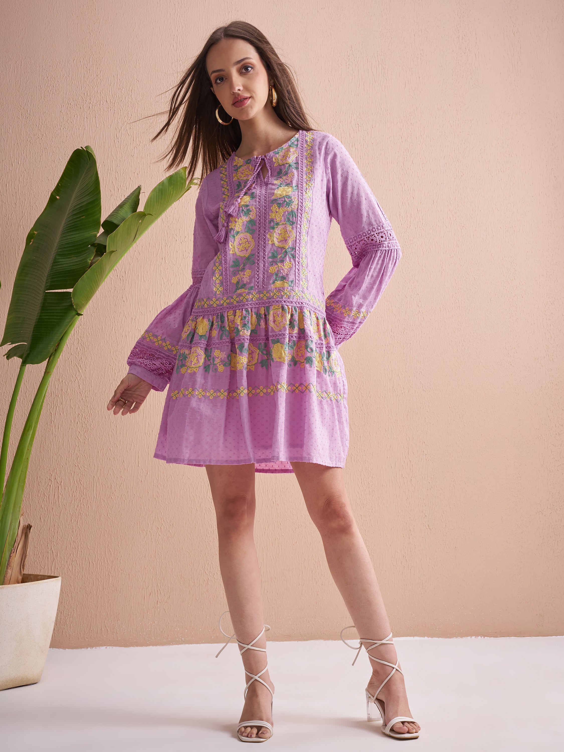 Vishudh Women Lavender Embroidered Fit and Flare Dress - Lavender - Image 2