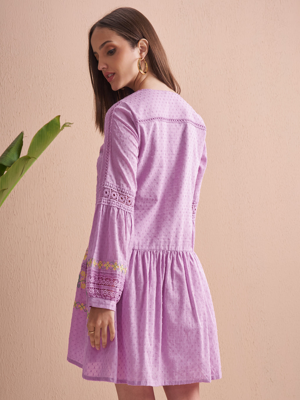 Vishudh Women Lavender Embroidered Fit and Flare Dress - Lavender - Image 3